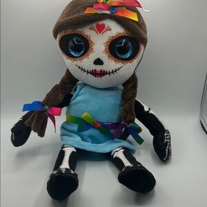 XOXO Brown-Haired Skeleton Girl Plush with Blue Dress and Rainbow Bows